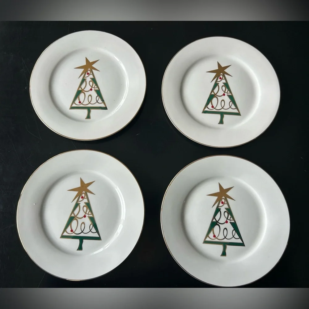 Pier One Plate Set Christmas Tree 4 Lunch‎ Salad Dessert Appetizer Green Gold